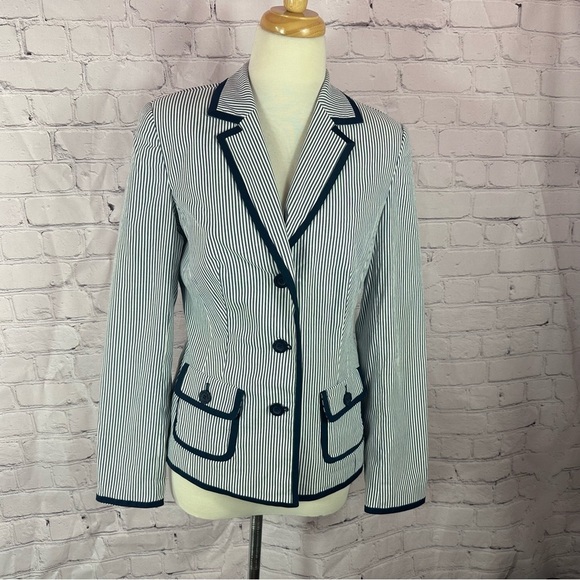 Peck & Peck weekend Navy White pin Striped Blazer sz 6 cotton blend nautical - Picture 1 of 9